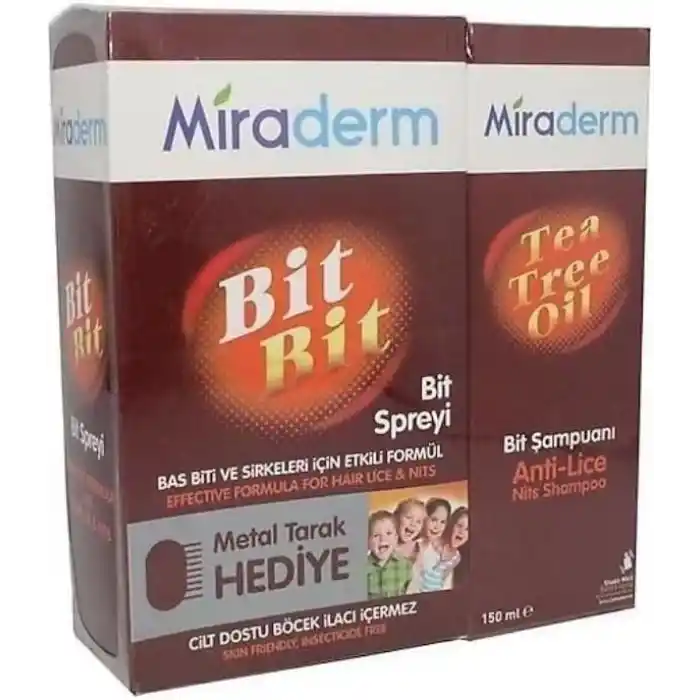 Miraderm Bit Bit Sprey 100 ml - Miraderm Tea Tree Oil Şamuan 150 ml + Metal Tarak Hediye (Islak Saçlar İçin)