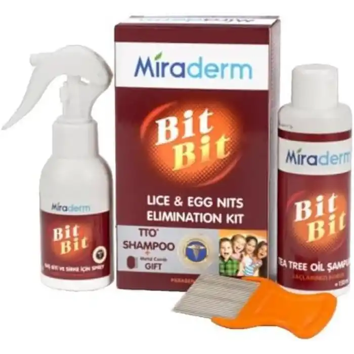 Miraderm Bit Bit Sprey 100 ml - Miraderm Tea Tree Oil Şamuan 150 ml + Metal Tarak Hediye (Islak Saçlar İçin)