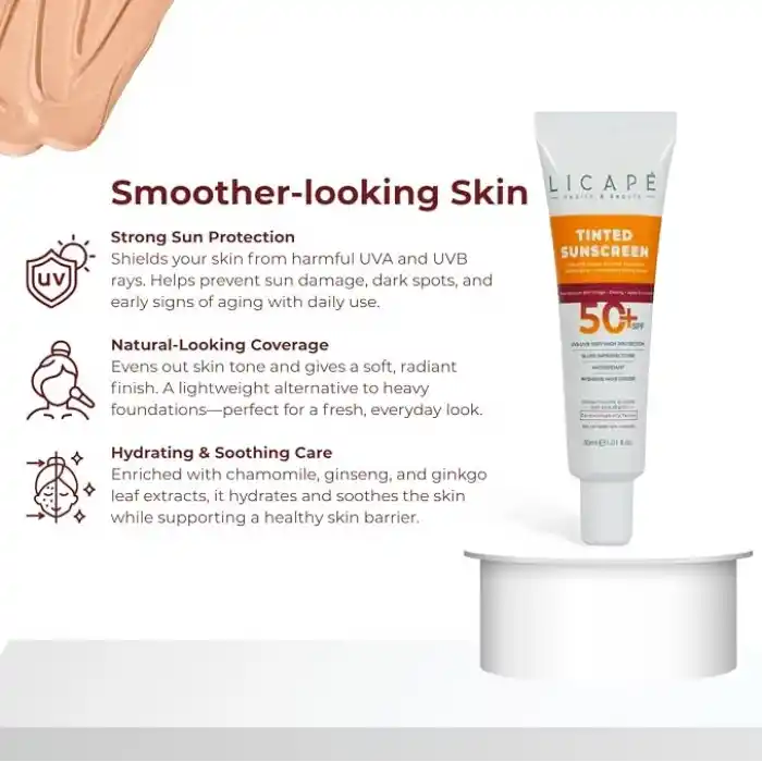 Licape Yüksek Koruma Tinted Güneş Kremi SPF 50 – Kapatıcı Etkili, Cilt Tonu Eşitleyici, Nemlendirici ve Suya Dayanıklı Güneş Koruyucu – 40 ml