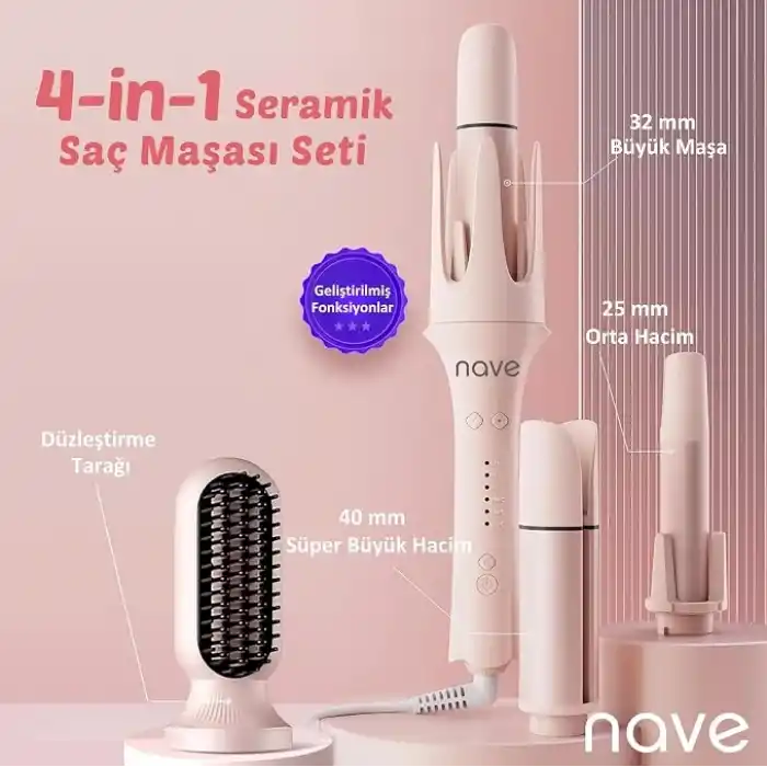 Nave 4 in 1 Saç Maşası Seti, Seramik Kaplama, Otomatik Kapanma, 3 Sıcaklık Seviyesi, 360° Dönen Kablo, Pembe