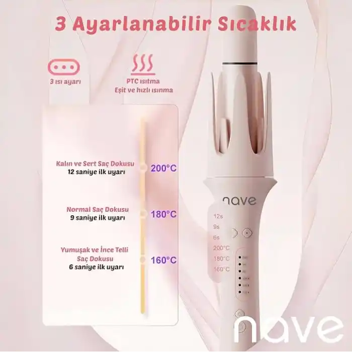 Nave 4 in 1 Saç Maşası Seti, Seramik Kaplama, Otomatik Kapanma, 3 Sıcaklık Seviyesi, 360° Dönen Kablo, Pembe