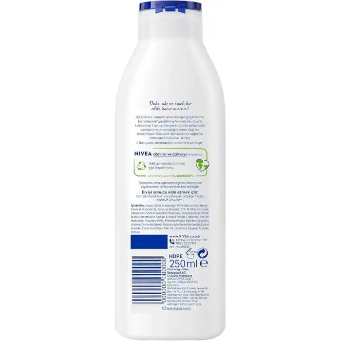 NIVEA Q10 Sıkılaştırıcı Vücut Losyonu 250 ml,72 Saat Nemlendirici,7 Günde Sıkılaşma,Esnek Cilt,C Vitamini,Kolajen,Normal Ciltler İçin (2 paketi)