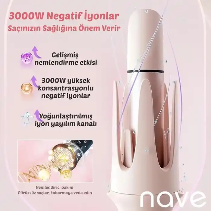 Nave 4 in 1 Saç Maşası Seti, Seramik Kaplama, Otomatik Kapanma, 3 Sıcaklık Seviyesi, 360° Dönen Kablo, Pembe