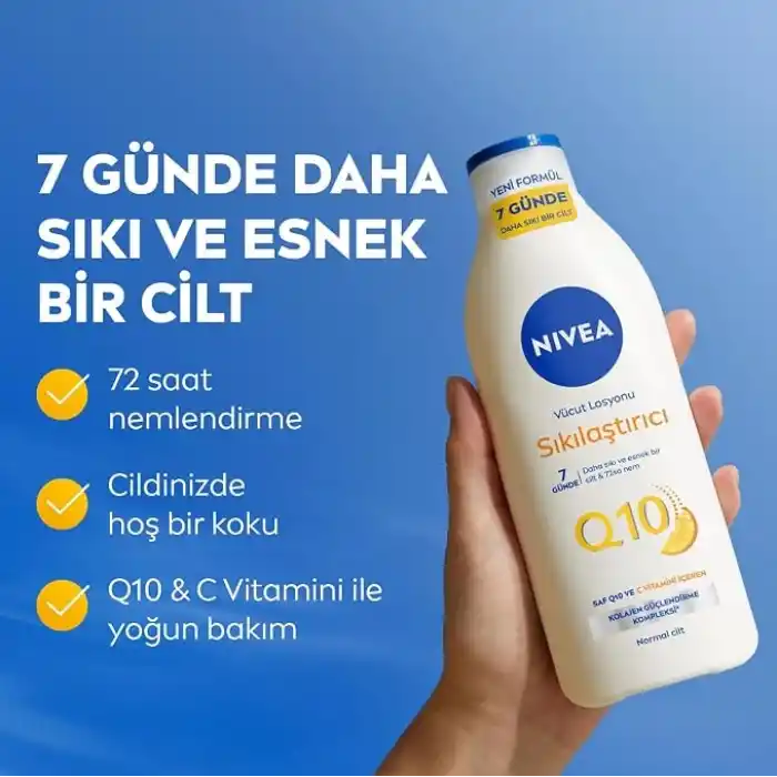 NIVEA Q10 Sıkılaştırıcı Vücut Losyonu 250 ml,72 Saat Nemlendirici,7 Günde Sıkılaşma,Esnek Cilt,C Vitamini,Kolajen,Normal Ciltler İçin (2 paketi)