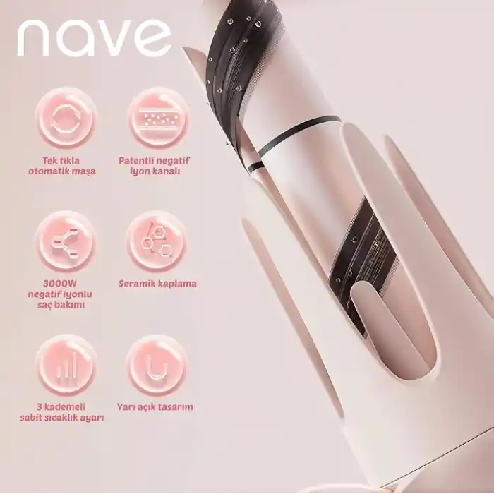 Nave 4 in 1 Saç Maşası Seti, Seramik Kaplama, Otomatik Kapanma, 3 Sıcaklık Seviyesi, 360° Dönen Kablo, Pembe