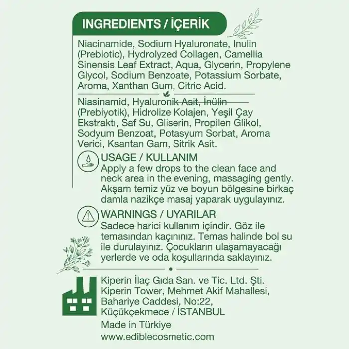 Kiperin Kolajen Yüz Serumu 30 ml – Hidrolize Kolajen Serum, Hyaluronik Asit Kolajen Serum, Niacinamide ve Yeşil Çay Ekstraktı İçeren Sıkılaştırıcı & Onarıcı Bakım Serumu, Yüz ve Boyun İçin