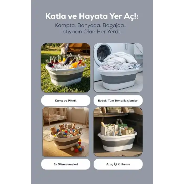 Coverest 38 Litre Katlanabilir Silikon Çamaşır Sepeti Akordiyon Katlanır Sele Yer Kaplamayan Taşınabilir Ergonomik Kulplu Dayanıklı ve Hafif Depolama Sepeti Banyo ve Ev Kullanımı Kirli Sepeti