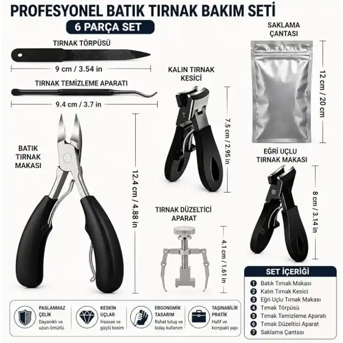 Valkyrie 6 Parça Batık Tırnak Makası Seti Profesyonel Pedikür Manikür Bakım Seti B5pp