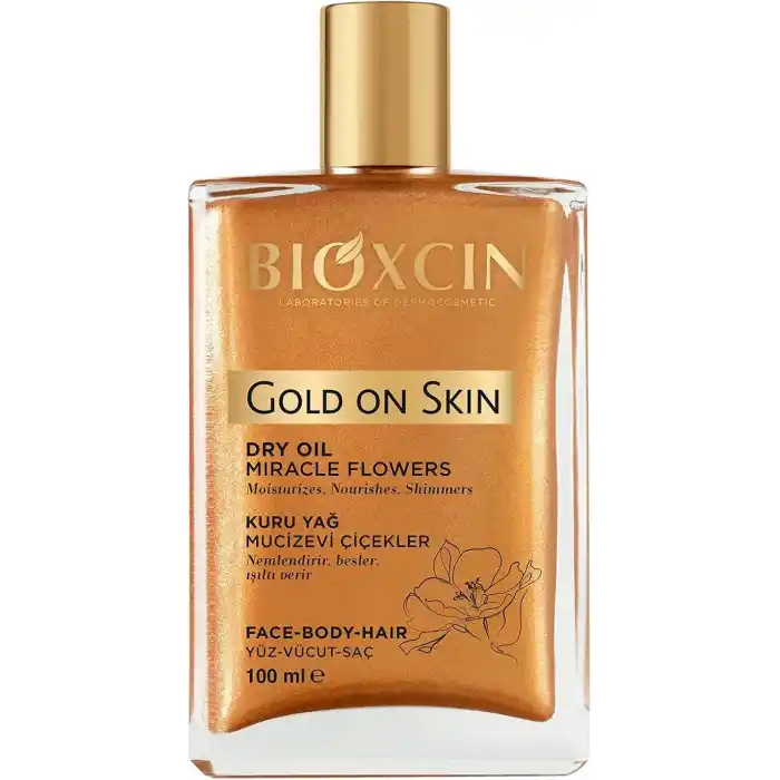 Bioxcin Gold On Skin Kuru Yağ – Yasemin, Manolya, Hanımeli, Kalendula ve Hindistan Cevizi Yağları İçeren Işıltı Veren Nemlendirici – 100 ml – Tüm Cilt Tipleri İçin