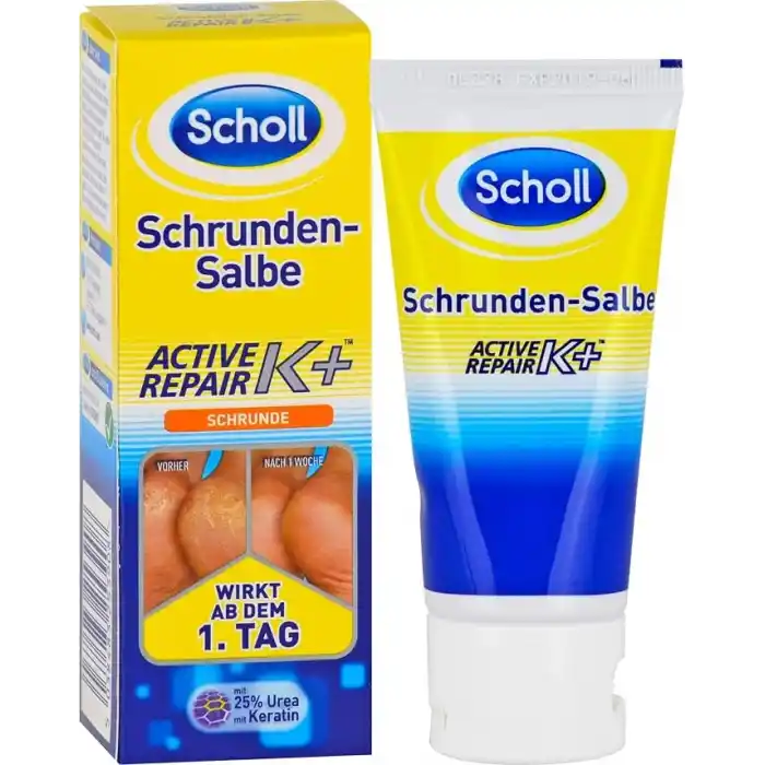Scholl Schrundensalbe Aktif Onarım K +, kaba, kuru ve çatlak topuklarda cilt hasarına karşı -% 25 üre ve keratin ile - 1 x 60ml ayak kremi