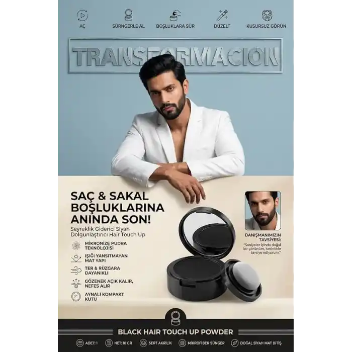 Transformacion SİYAH Saç Sakal Kapatıcı KREM Pudra Seyreklik Giderici Dolgunlaştırıcı Hair Touch Up 723608