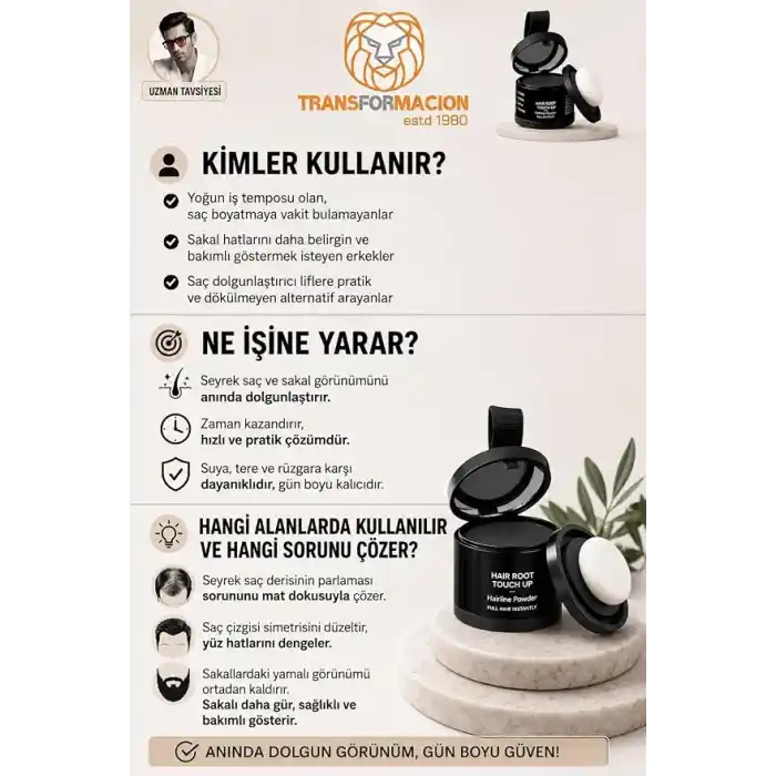 Transformacion SİYAH Saç Sakal Kapatıcı KREM Pudra Seyreklik Giderici Dolgunlaştırıcı Hair Touch Up 723608