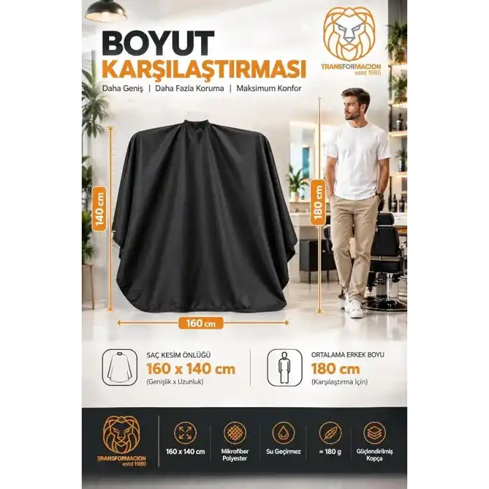 Transformacion Profesyonel 160x140 cm Kuaför Berber Saç Kesim Önlüğü Penuarı Güçlendirilmiş Kopçalı Su Geçirmez 723622
