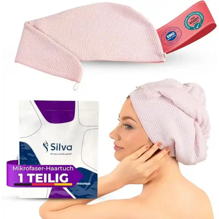 Silva Ultrafiber Saç Bonesi 24 x 67 cm - Hızlı Kurutan Saç Havlusu Türban, Elastik Halka ve Düğmeli, Elektriklenmeyi Azaltır, Uzun Saçlar İçin, Antibakteriyel, Pembe