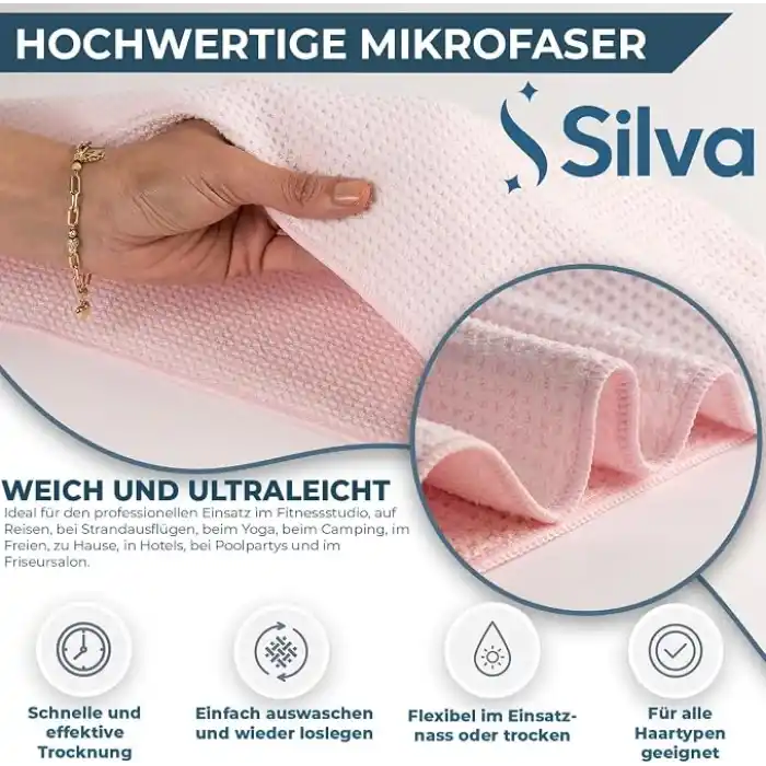 Silva Ultrafiber Saç Bonesi 24 x 67 cm - Hızlı Kurutan Saç Havlusu Türban, Elastik Halka ve Düğmeli, Elektriklenmeyi Azaltır, Uzun Saçlar İçin, Antibakteriyel, Pembe