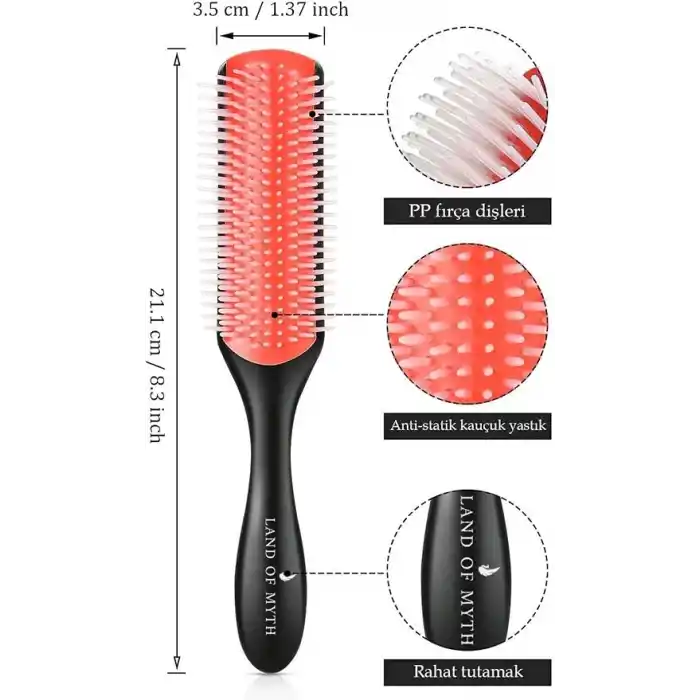 LAND OF MYTH - LOM1211 Styling Brush 9 Sıra Şekillendirme Fırçası Curly Girl Kıvırcık Kız Metodu Fırçası (Siyah)