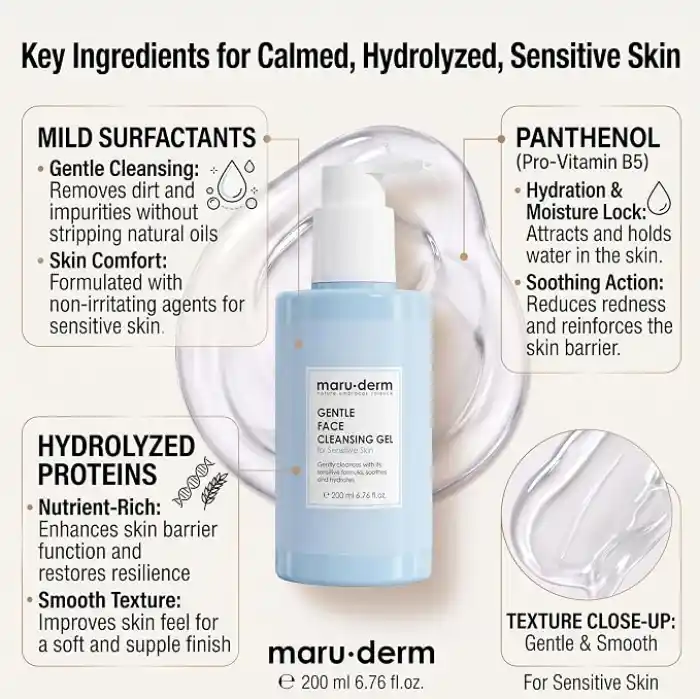 Maruderm Hassas ve Atopiye Eğilimli Ciltler İçin Yüz Temizleme Jeli – Nazik Arındırıcı Nem Destekli Temizleyici, Papatya & Aloe Vera ile, 200 ML