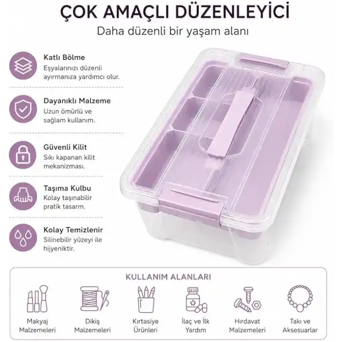 Orret Home Bölmeli ve Katlı Plastik Organizer Makyaj Düzenleyici – Kilitli Takım Sandığı Organizer Kutu, Taşıma Kulplu Çok Amaçlı Düzenleyici, Katlı Saklama Kutusu (ASORTİ RENK) (9 Litre)