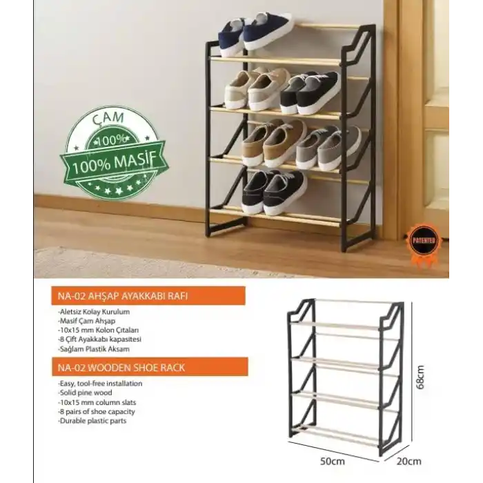 Coverest Ahşap Ayakkabı Rafı, 4 Katlı, 50x20x68 cm, Ayakkabılık