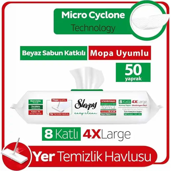 Sleepy Easy Clean Beyaz Sabun Katkılı Mopa Uyumlu Yer Temizlik Havlusu&Mendili 50 Yaprak