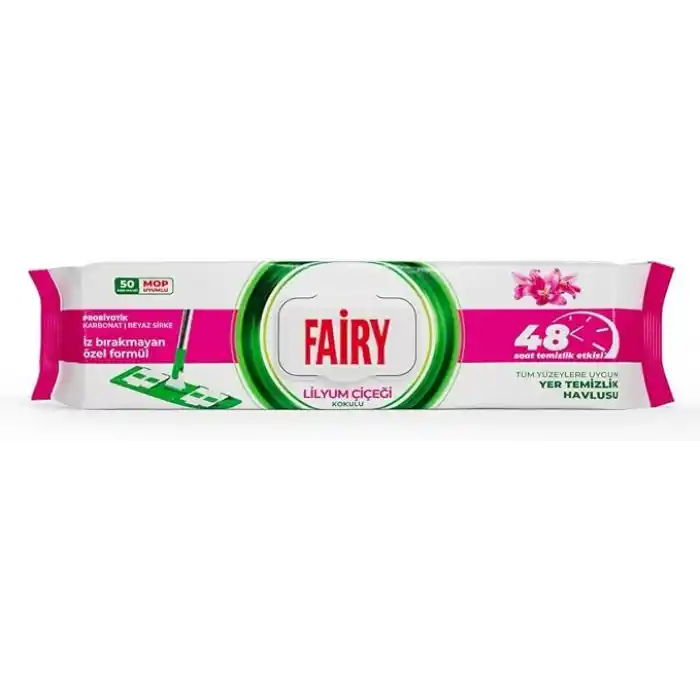 Fairy Çok Amaçlı Mop Uyumlu Yer Temizlik Havlusu 50 Yaprak | Lilyum Çiçeği| Beyaz Sirke & Karbonat | 48 Saat Temizlik Etkili | İz Bırakmayan Formül