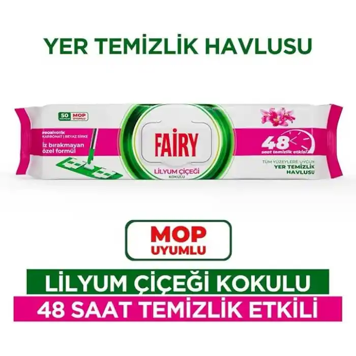 Fairy Çok Amaçlı Mop Uyumlu Yer Temizlik Havlusu 50 Yaprak | Lilyum Çiçeği| Beyaz Sirke & Karbonat | 48 Saat Temizlik Etkili | İz Bırakmayan Formül