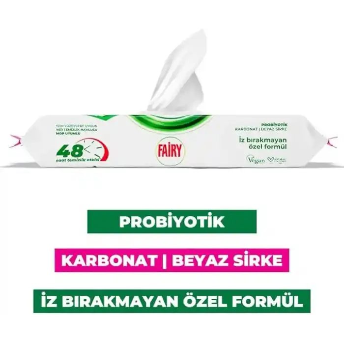 Fairy Çok Amaçlı Mop Uyumlu Yer Temizlik Havlusu 50 Yaprak | Lilyum Çiçeği| Beyaz Sirke & Karbonat | 48 Saat Temizlik Etkili | İz Bırakmayan Formül