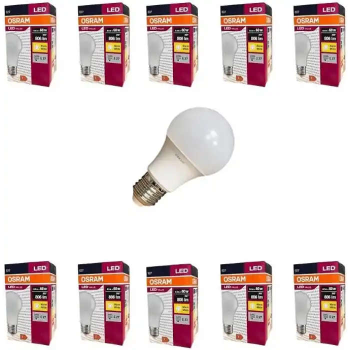 Osram LEDValue 8.5W E27 LED Ampul | 2700K Sıcak Sarı Işık, 806 Lümen, 60W Eşdeğer | Enerji Tasarruflu Ampul – 10lu Paket
