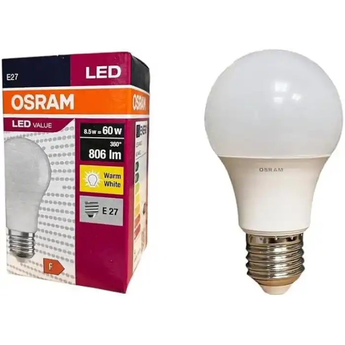 Osram LEDValue 8.5W E27 LED Ampul | 2700K Sıcak Sarı Işık, 806 Lümen, 60W Eşdeğer | Enerji Tasarruflu Ampul – 10lu Paket