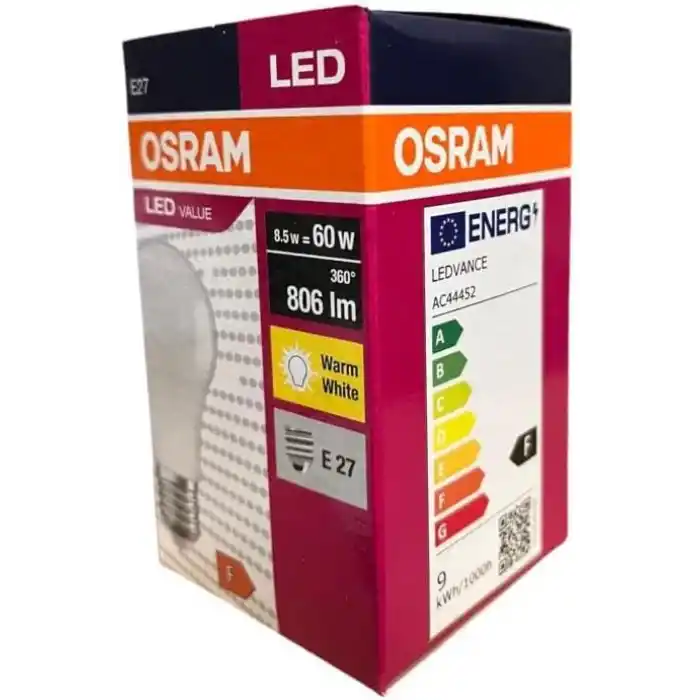 Osram LEDValue 8.5W E27 LED Ampul | 2700K Sıcak Sarı Işık, 806 Lümen, 60W Eşdeğer | Enerji Tasarruflu Ampul – 10lu Paket