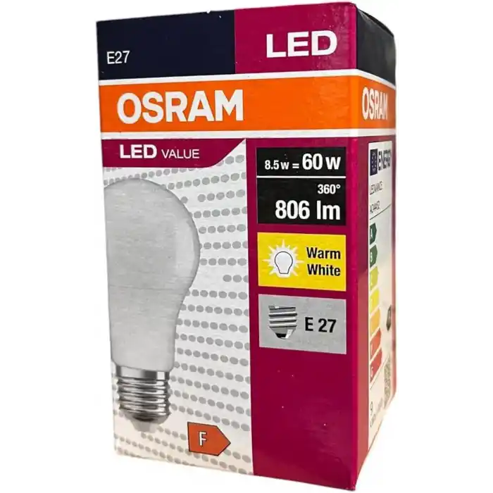 Osram LEDValue 8.5W E27 LED Ampul | 2700K Sıcak Sarı Işık, 806 Lümen, 60W Eşdeğer | Enerji Tasarruflu Ampul – 10lu Paket