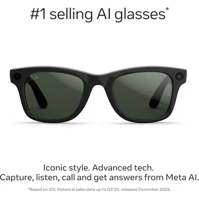 Ray-Ban Meta Wayfarer Gen 2 Akıllı Gözlük, 12 MP Kamera, 3K Video, Meta AI, 8 Saat Pil, Transitions Şeffaf/Grafit Yeşil Lens, Parlak Siyah, 50-22