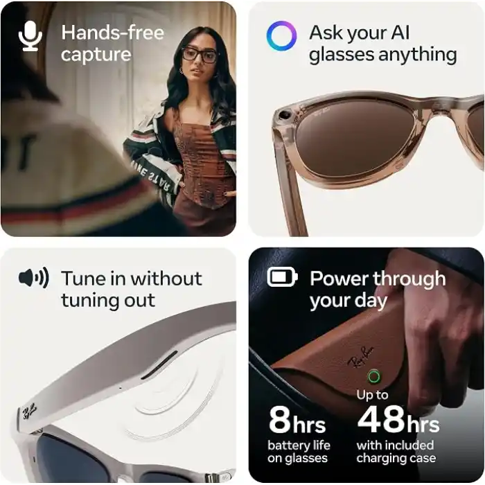 Ray-Ban Meta Wayfarer Gen 2 Akıllı Gözlük, 12 MP Kamera, 3K Video, Meta AI, 8 Saat Pil, Transitions Şeffaf/Grafit Yeşil Lens, Parlak Siyah, 50-22