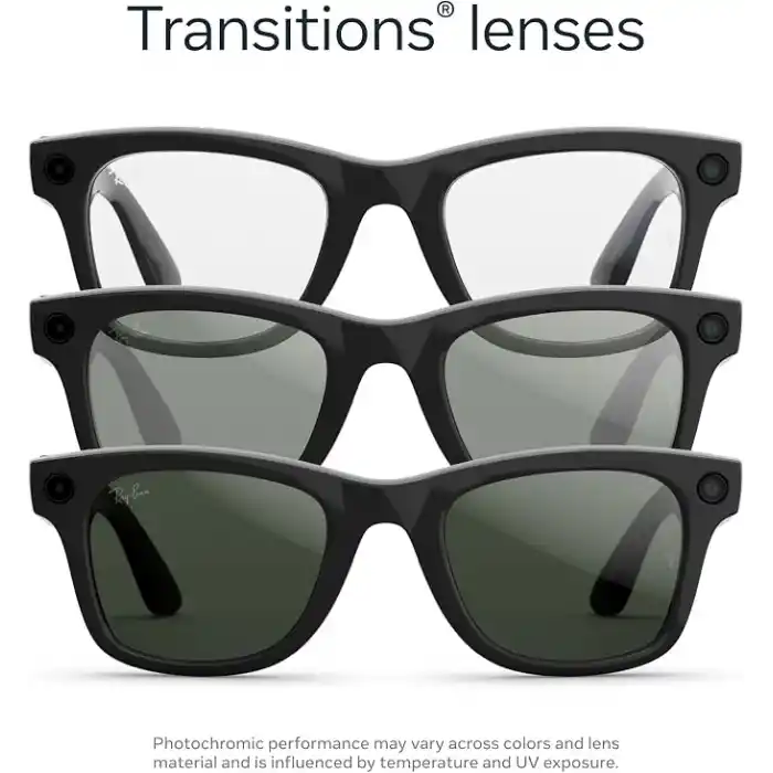 Ray-Ban Meta Wayfarer Gen 2 Akıllı Gözlük, 12 MP Kamera, 3K Video, Meta AI, 8 Saat Pil, Transitions Şeffaf/Grafit Yeşil Lens, Parlak Siyah, 50-22