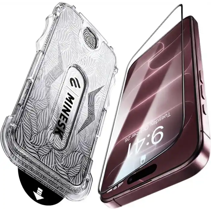 Minesk iPhone 17 Pro Max/18 Pro Max ile Uyumlu Hizalama Aparatlı Takılırken Camın Altında Kesinlikle Toz Bırakmayan Darbelere Karşı Ekstra Güçlü Ekran Koruyucu (Kolay Kurulum, 17 PRO MAX-18 PRO MAX)