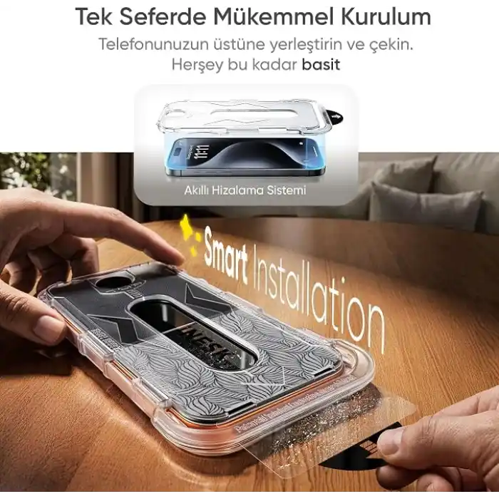 Minesk iPhone 17 Pro Max/18 Pro Max ile Uyumlu Hizalama Aparatlı Takılırken Camın Altında Kesinlikle Toz Bırakmayan Darbelere Karşı Ekstra Güçlü Ekran Koruyucu (Kolay Kurulum, 17 PRO MAX-18 PRO MAX)