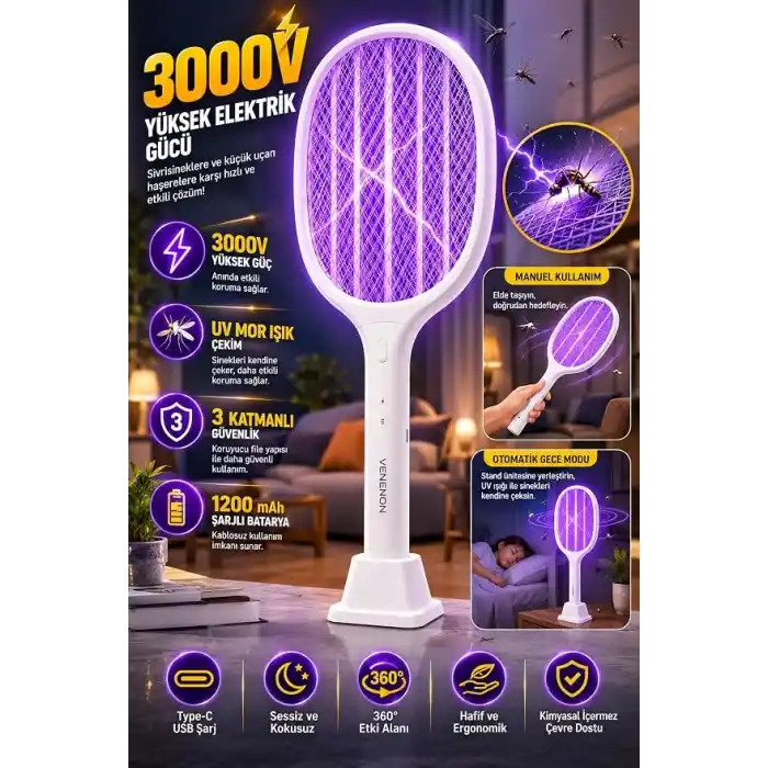 TELVESSE 3000V Şarjlı Elektrikli Sinek Raketi Standlı Sivrisinek Haşere Öldürücü Sineklik Haşere Aleti D028