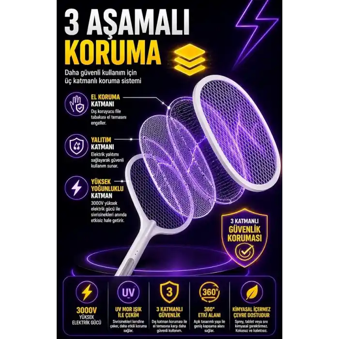TELVESSE 3000V Şarjlı Elektrikli Sinek Raketi Standlı Sivrisinek Haşere Öldürücü Sineklik Haşere Aleti D028