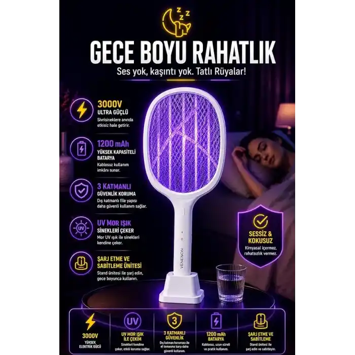 TELVESSE 3000V Şarjlı Elektrikli Sinek Raketi Standlı Sivrisinek Haşere Öldürücü Sineklik Haşere Aleti D028
