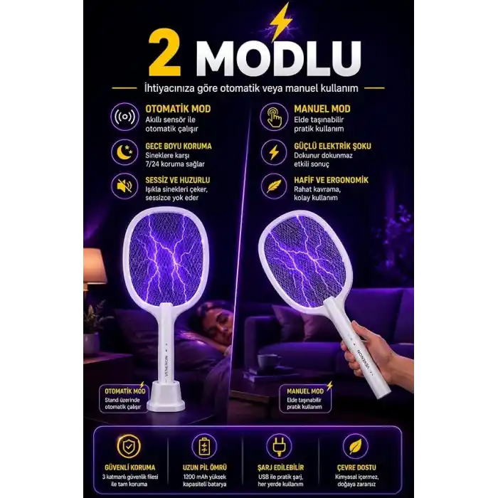 TELVESSE 3000V Şarjlı Elektrikli Sinek Raketi Standlı Sivrisinek Haşere Öldürücü Sineklik Haşere Aleti D028