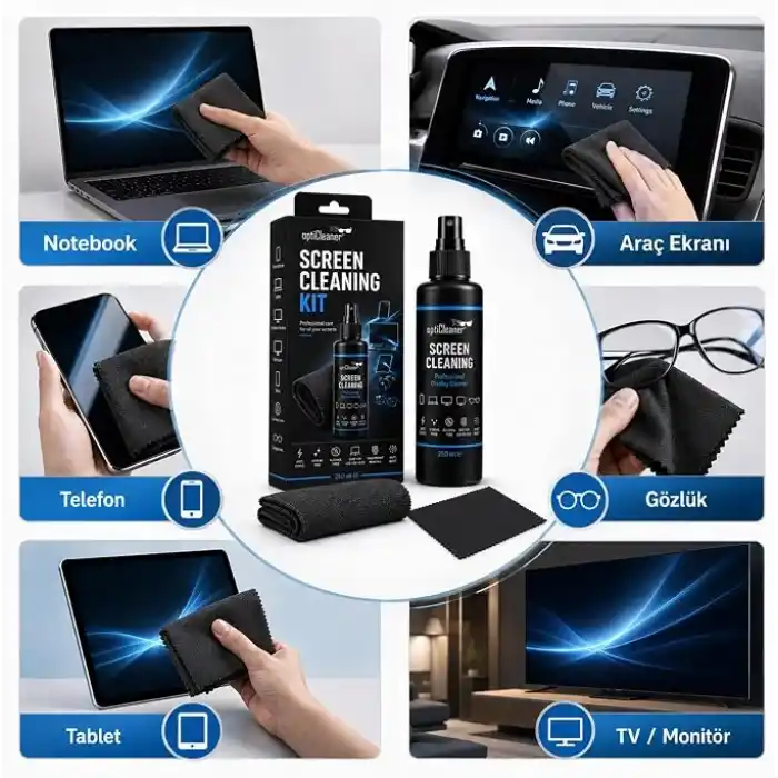 Ekran Temizleme Seti, 250 ml Sprey, Büyük Mikrofiber Bez ve 15 × 18 cm Gözlük Bezi, Laptop, TV, Monitör, Telefon, Tablet, Araç Ekranı ve Lensler İçin