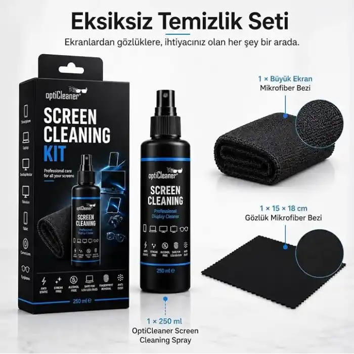 Ekran Temizleme Seti, 250 ml Sprey, Büyük Mikrofiber Bez ve 15 × 18 cm Gözlük Bezi, Laptop, TV, Monitör, Telefon, Tablet, Araç Ekranı ve Lensler İçin