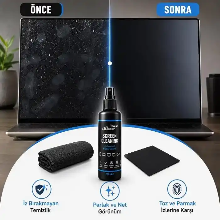 Ekran Temizleme Seti, 250 ml Sprey, Büyük Mikrofiber Bez ve 15 × 18 cm Gözlük Bezi, Laptop, TV, Monitör, Telefon, Tablet, Araç Ekranı ve Lensler İçin