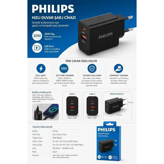 Philips DLP4325AB/12 1*USB C 20W-1*USB A 18W Siyah Şarj Adaptörü