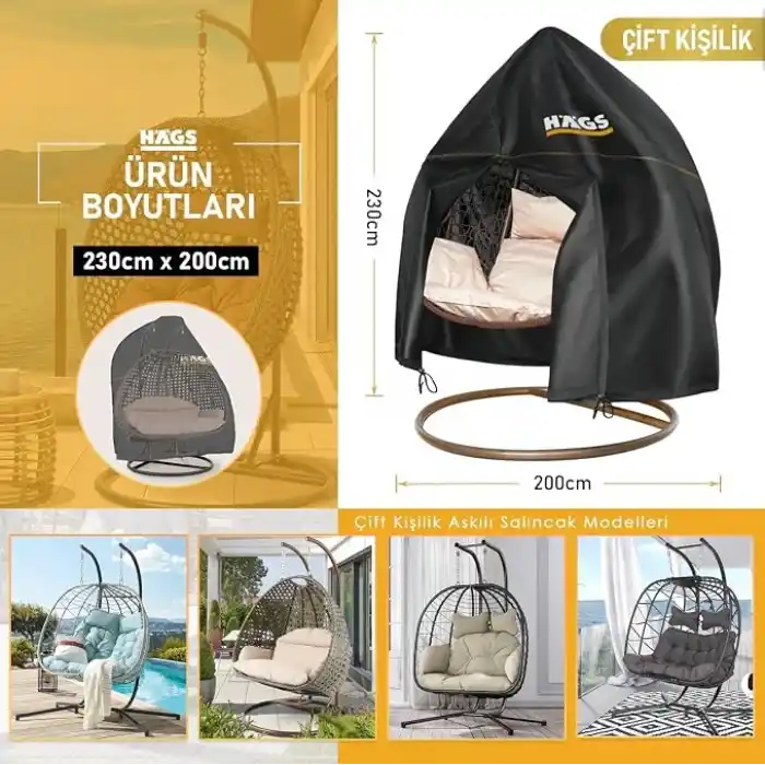HAEGS Bahçe Salıncağı Örtüsü, Rattan Salıncak Koltuk Koruma Kılıfı Brandası, Hamak Sandalye Dış Mekan Su Geçirmez Mobilyası Koruyucu Örtü - Çift Kişilik, 230 x 200cm