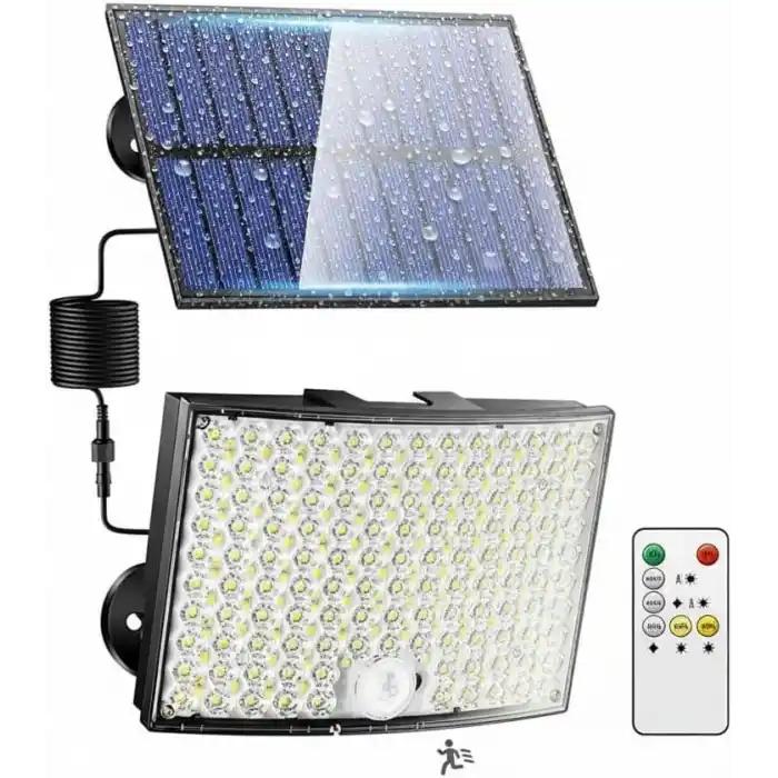 Amber LED 268 LEDli Solar Projektör – 60W, 5400 Lümen, 10 Metre Kablolu, IP65 Su Geçirmez, 6500K Beyaz Işık, Hareket Sensörlü Güneş Enerjili Dış Mekan Aydınlatma