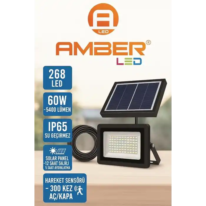 Amber LED 268 LEDli Solar Projektör – 60W, 5400 Lümen, 10 Metre Kablolu, IP65 Su Geçirmez, 6500K Beyaz Işık, Hareket Sensörlü Güneş Enerjili Dış Mekan Aydınlatma