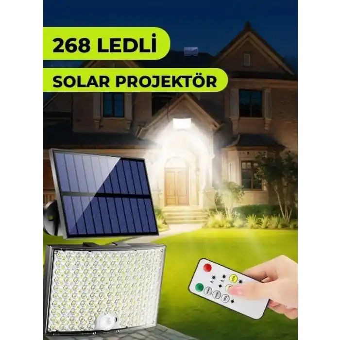 Amber LED 268 LEDli Solar Projektör – 60W, 5400 Lümen, 10 Metre Kablolu, IP65 Su Geçirmez, 6500K Beyaz Işık, Hareket Sensörlü Güneş Enerjili Dış Mekan Aydınlatma