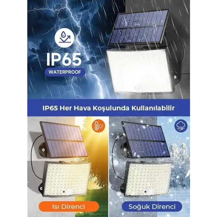 Amber LED 268 LEDli Solar Projektör – 60W, 5400 Lümen, 10 Metre Kablolu, IP65 Su Geçirmez, 6500K Beyaz Işık, Hareket Sensörlü Güneş Enerjili Dış Mekan Aydınlatma