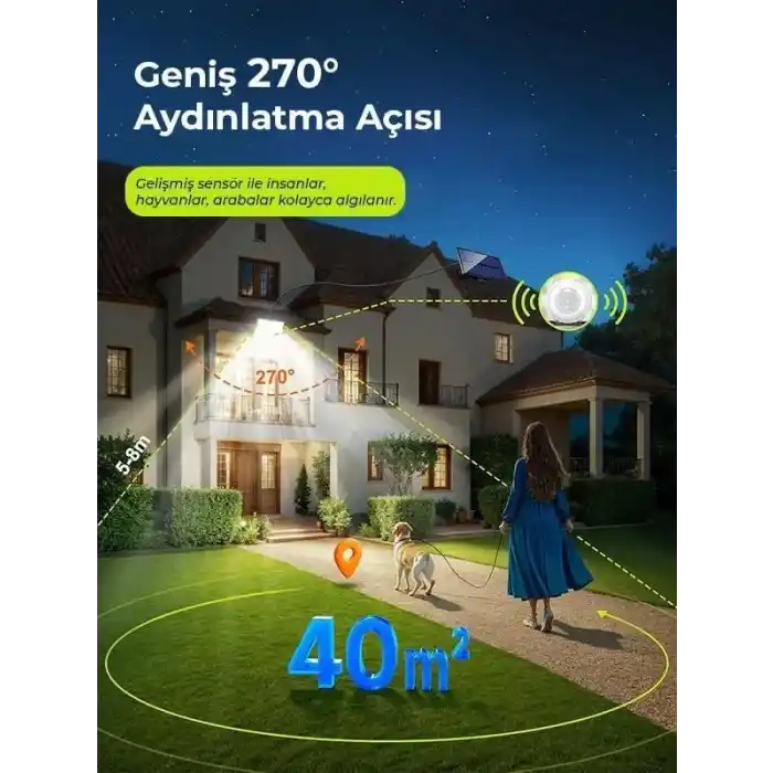Amber LED 268 LEDli Solar Projektör – 60W, 5400 Lümen, 10 Metre Kablolu, IP65 Su Geçirmez, 6500K Beyaz Işık, Hareket Sensörlü Güneş Enerjili Dış Mekan Aydınlatma
